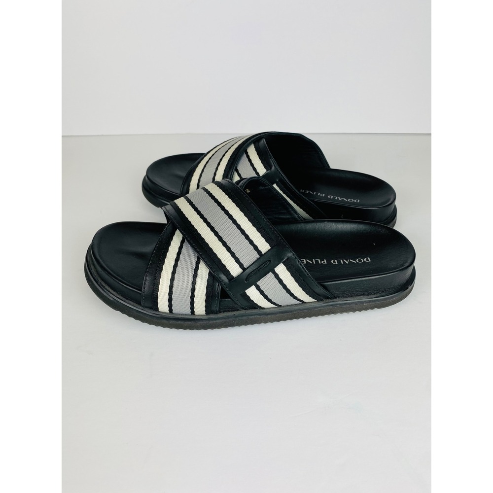Donald Pliner Petrie01 Striped Crisscross Slide Sandals Black Grey Women 7M
